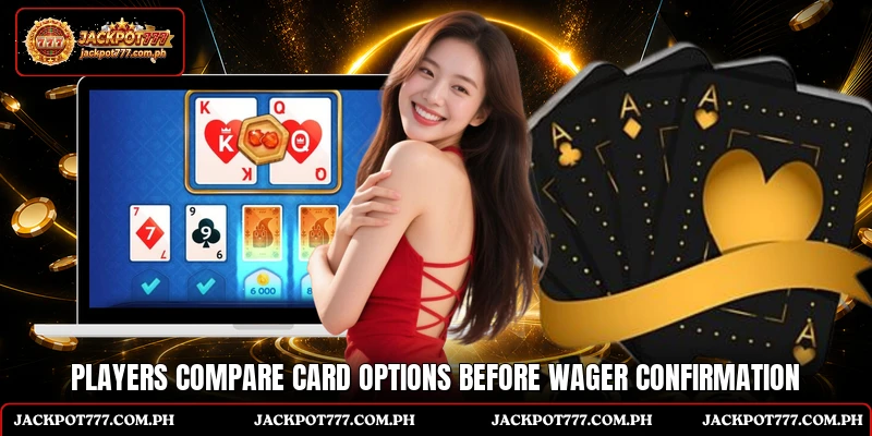 Players compare card options before wager confirmation